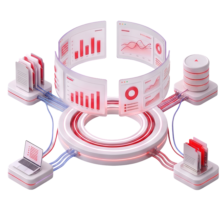 Connected dashboards, data sources, and reporting systems in a red and silver 3D illustration