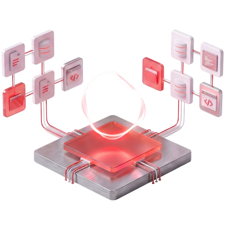 A glowing AI core connected to data, documents, and applications in a red and silver 3D illustration
