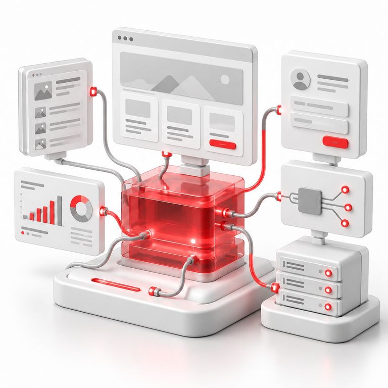 Website, client portal, analytics and infrastructure connected to a red central platform