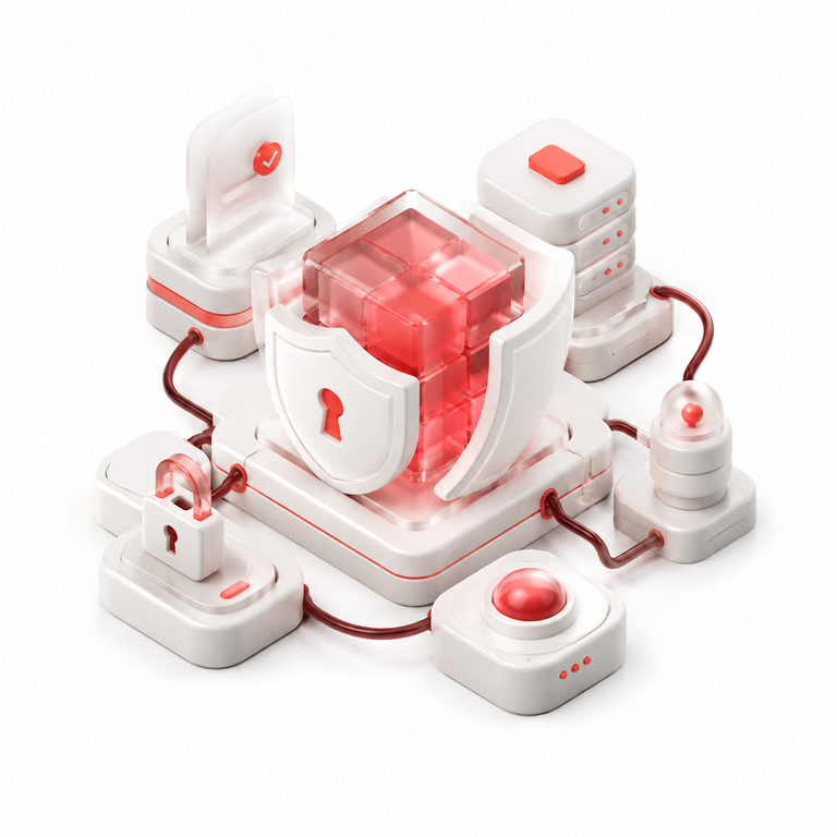 A red and white shield protecting connected servers, locks, and access controls in a 3D illustration