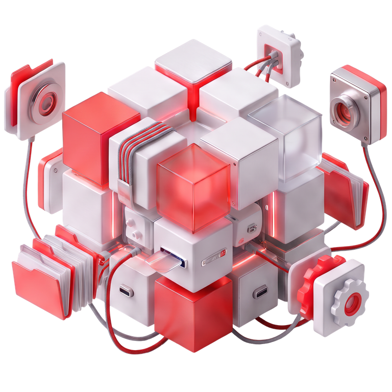 Interconnected red and silver modules linking files, workflows, and tools in a 3D illustration