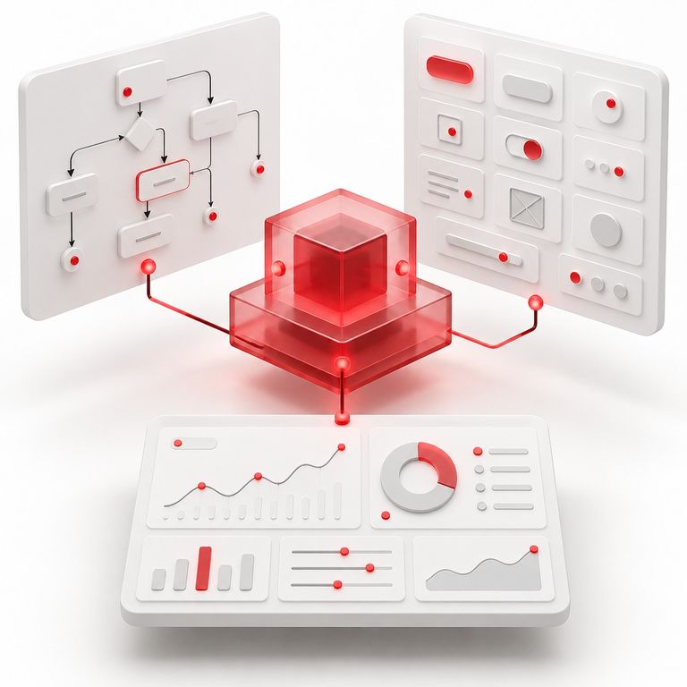 User flows, interface components and data visualizations connected to a red central system